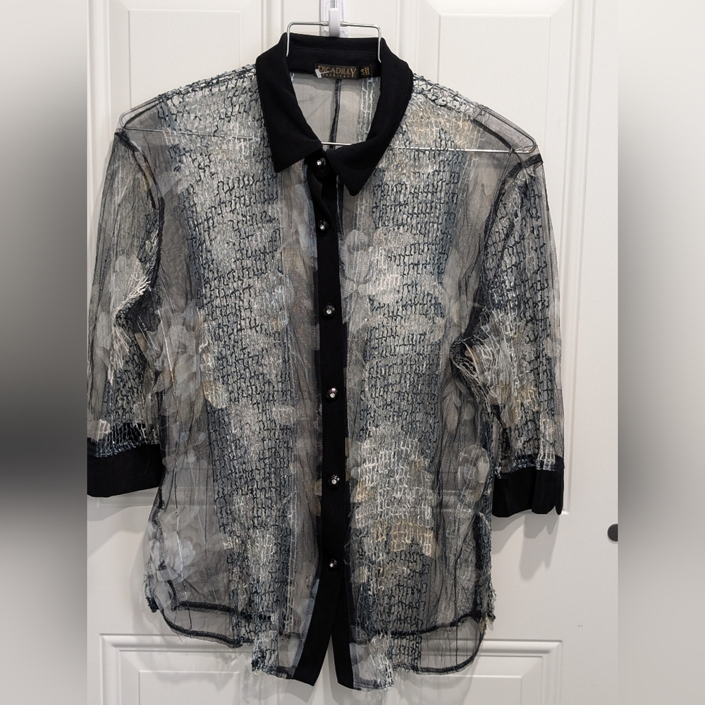 Picadilly Fashion Sheer Black and White Button Down Blouse